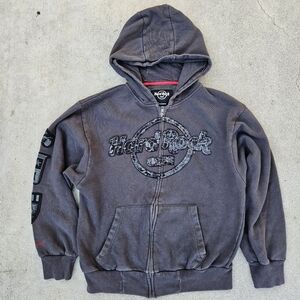 RARE Hard Rock Cafe New York Grey Patches Zip Up Graphic Hoodie SM EUC Vintage